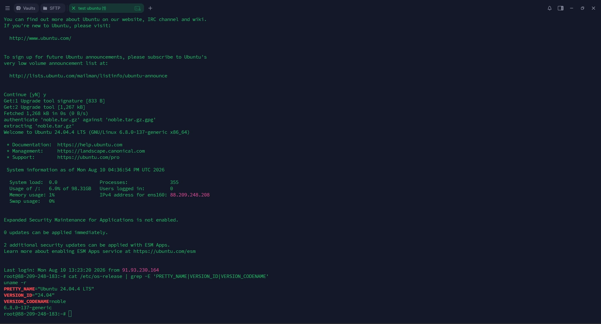 Gerçek Ubuntu 24.04 terminal ekranı; Docker kurulumu öncesi güncel sistem durumu.