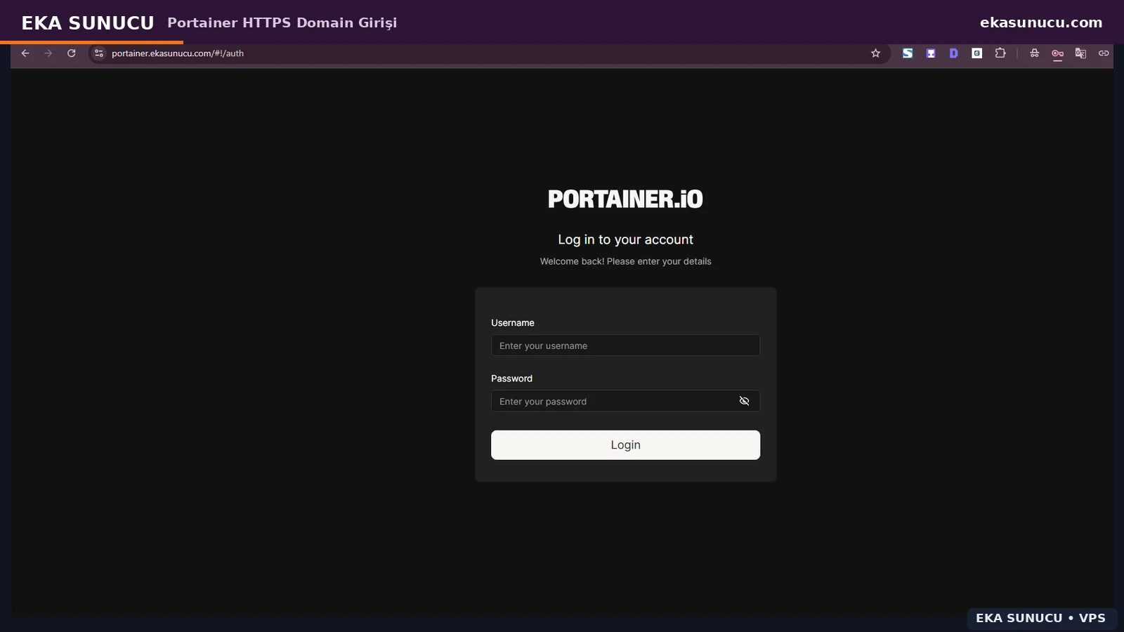 Geçerli HTTPS alan adı üzerinden Portainer giriş ekranının erişilebilir olması.