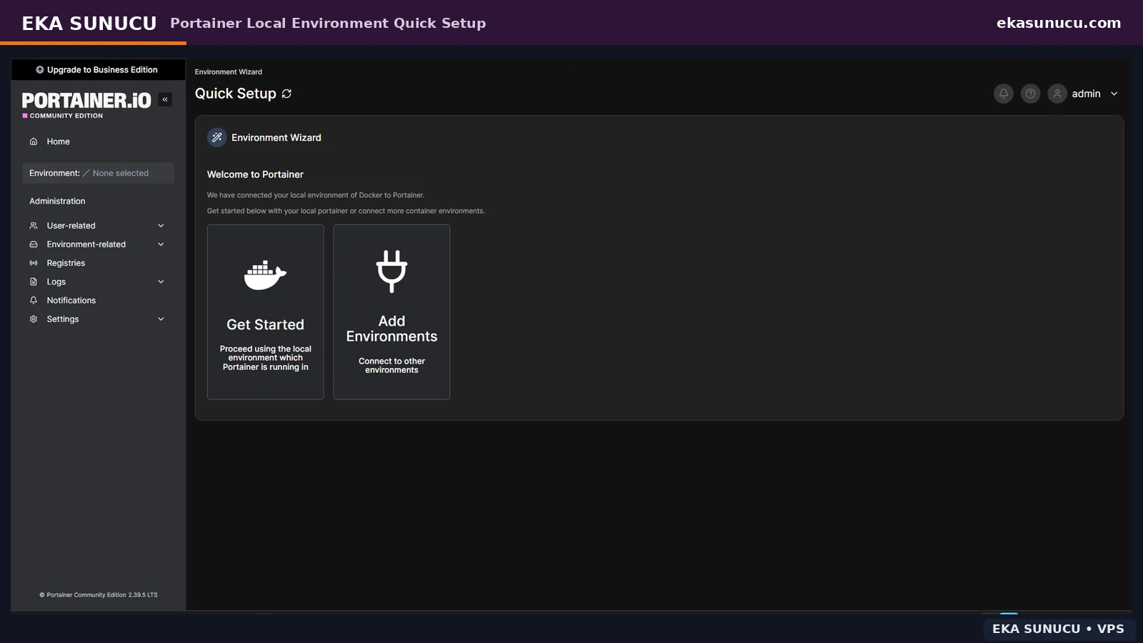 Portainer Environment Wizard içinde yerel Docker ortamının otomatik algılanması.