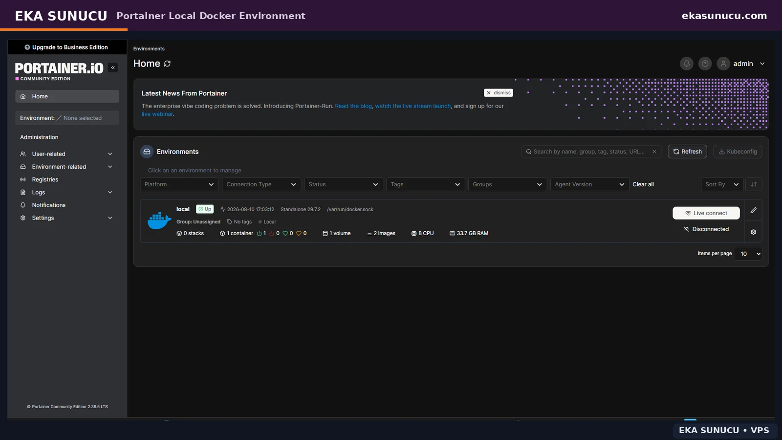 Portainer Community Edition üzerinde local environment, container, volume, image ve kaynakların final görünümü.
