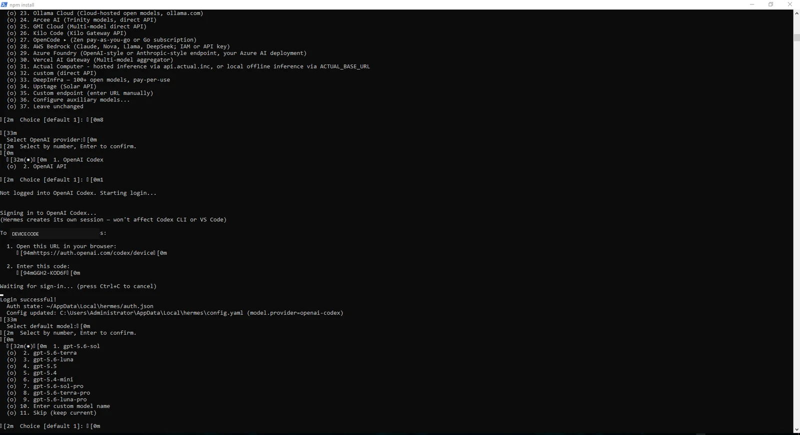 Codex OAuth sonrası Hermes model seçim listesi; cihaz kodu sansürlenmiştir.