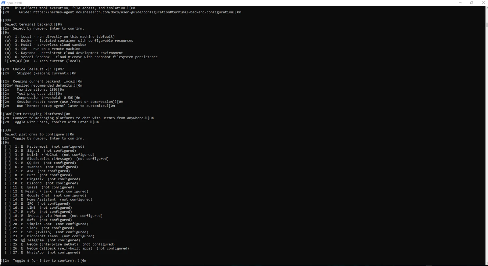Terminal backend ve mesajlaşma platformları seçim adımı.