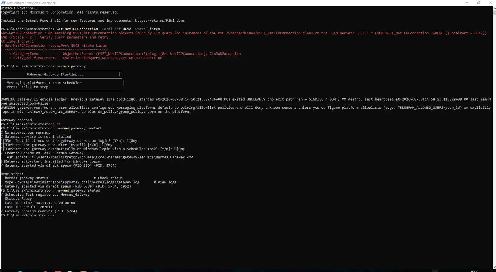 Hermes_Gateway Scheduled Task registration and gateway status.