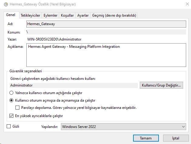 Task Scheduler settings to run without login and with highest privileges.