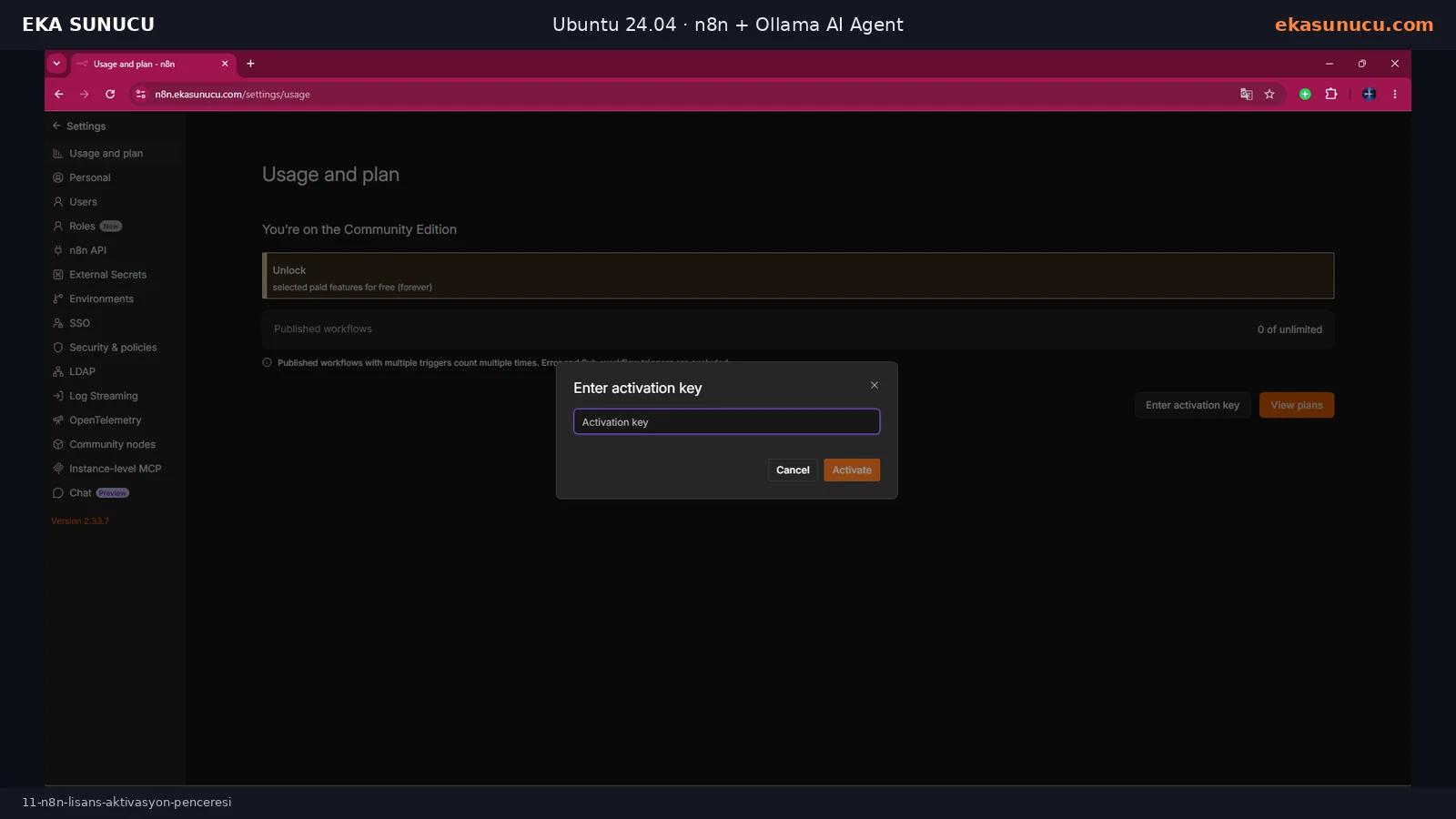 n8n registration/activation-key dialog.