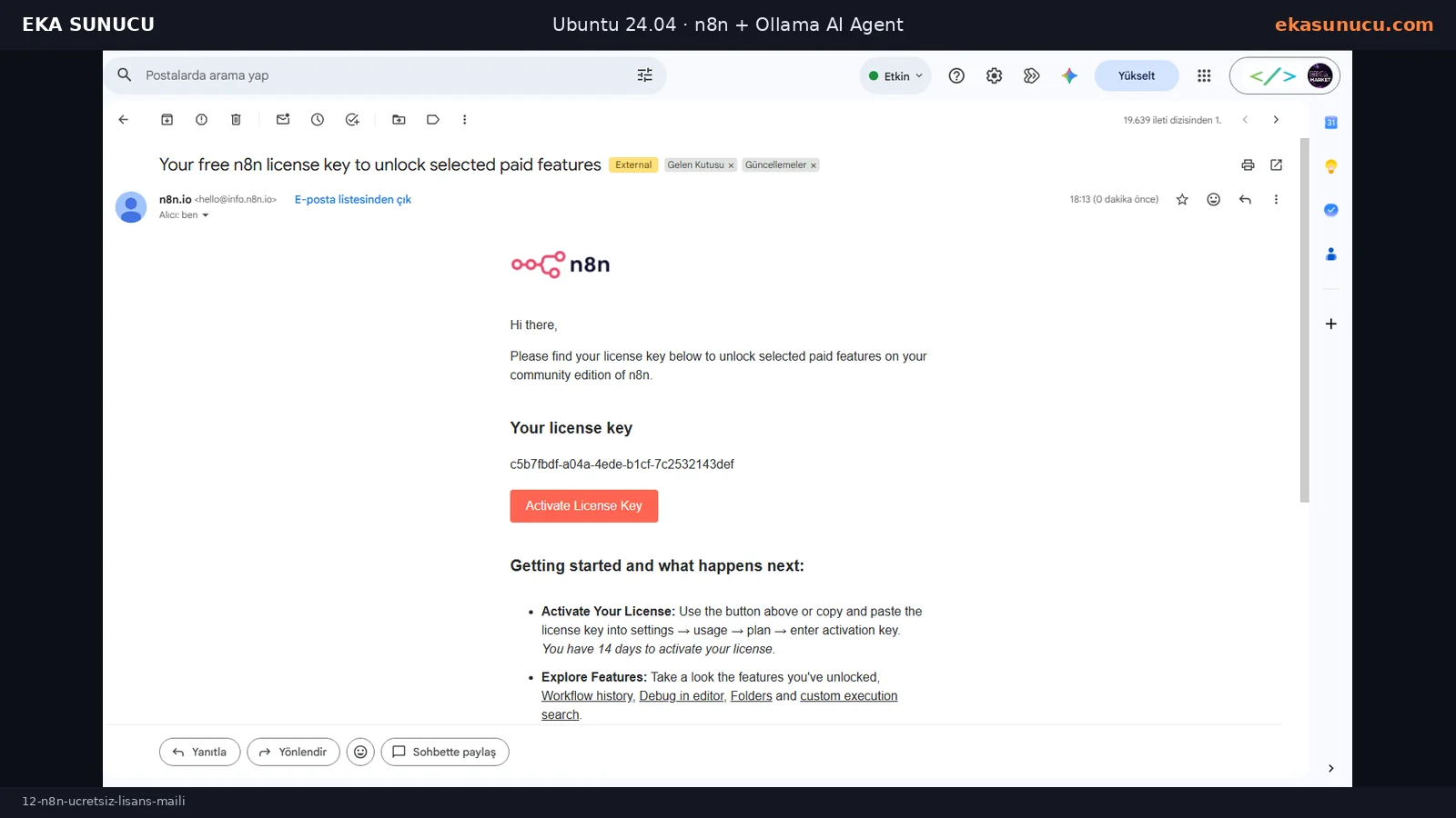 Free n8n license key delivered by email; the key is intentionally left visible in the publishing image at the user’s request.
