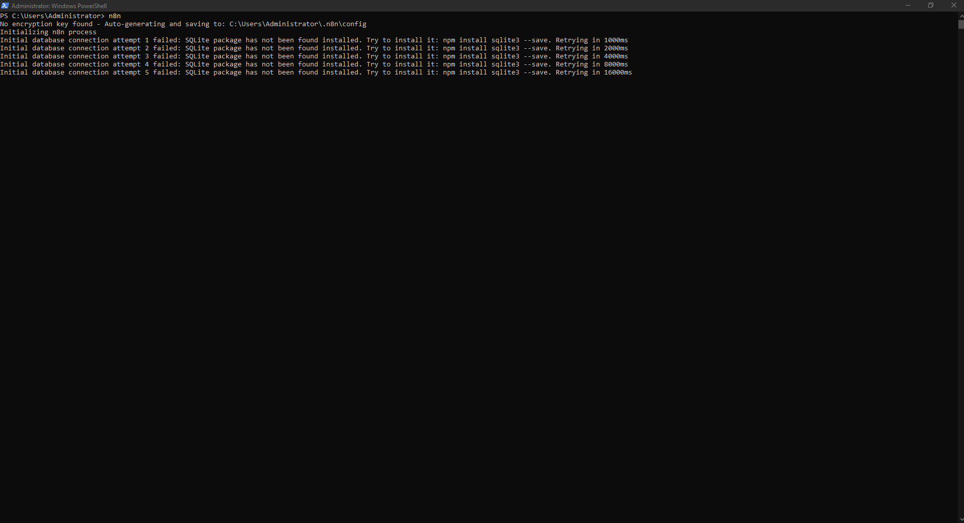 First n8n startup fails because the SQLite package is unavailable. First n8n startup fails because the SQLite package is unavailable.