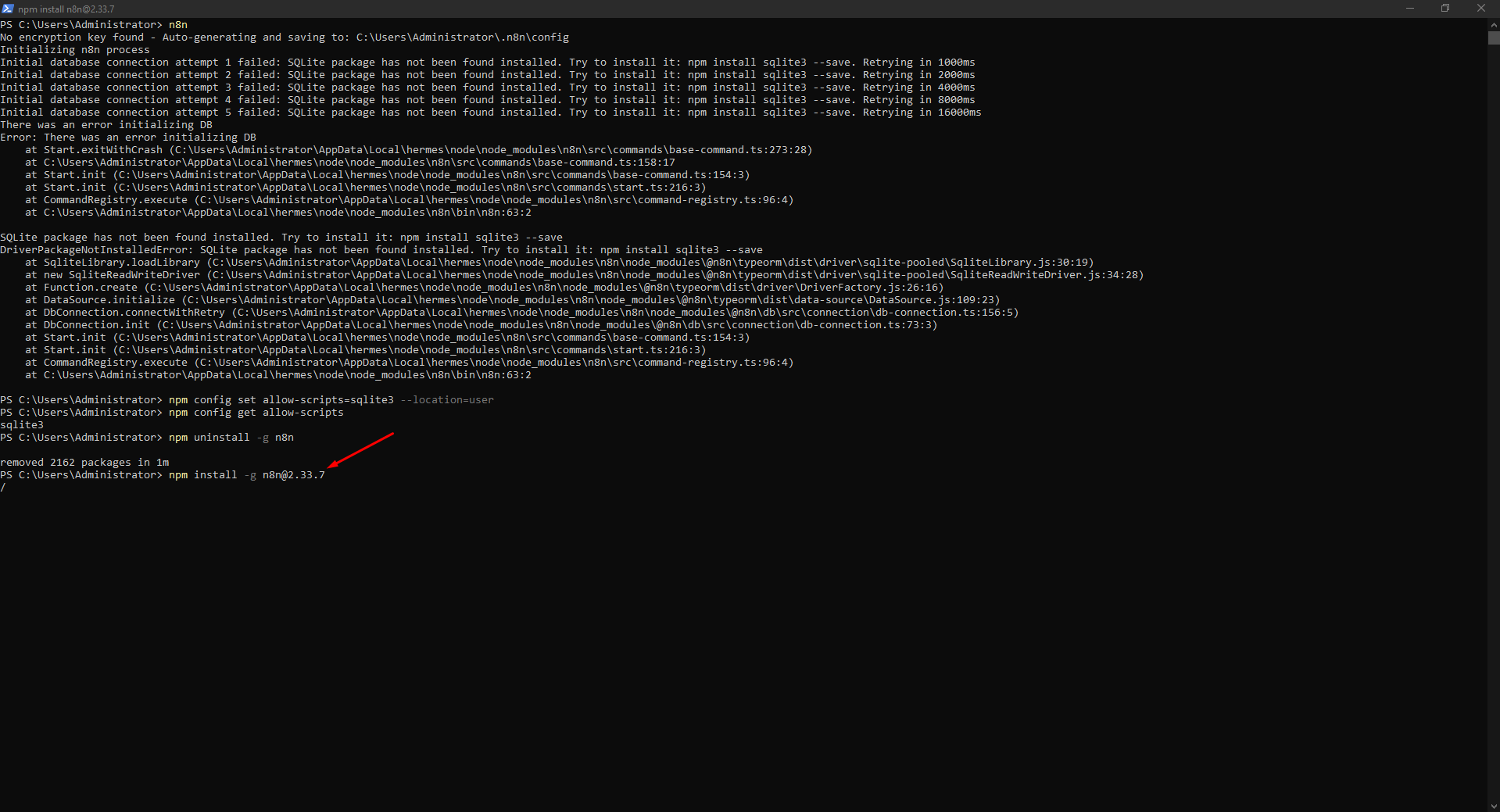 Allow the sqlite3 install script, remove n8n and start a clean reinstall. Allow the sqlite3 install script, remove n8n and start a clean reinstall.