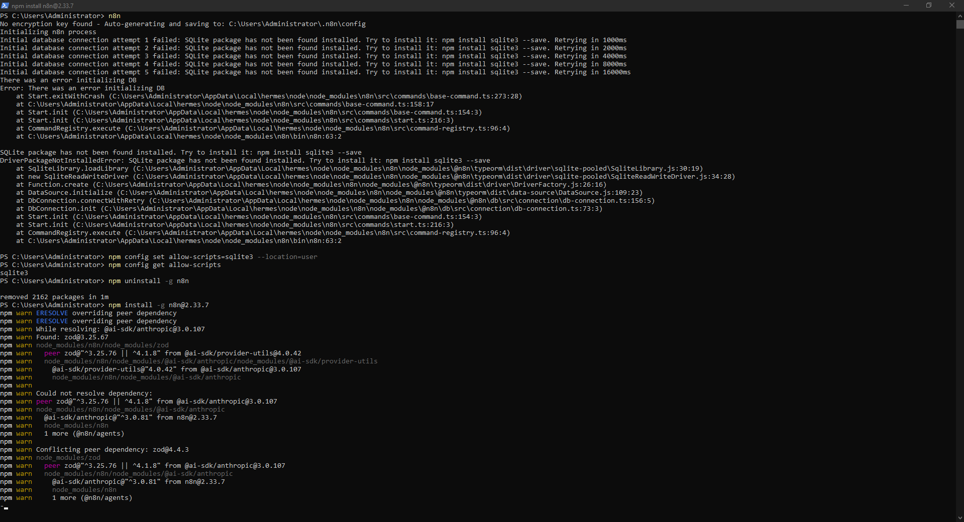 Progress of the clean n8n 2.33.7 reinstall after allowing sqlite3. Progress of the clean n8n 2.33.7 reinstall after allowing sqlite3.