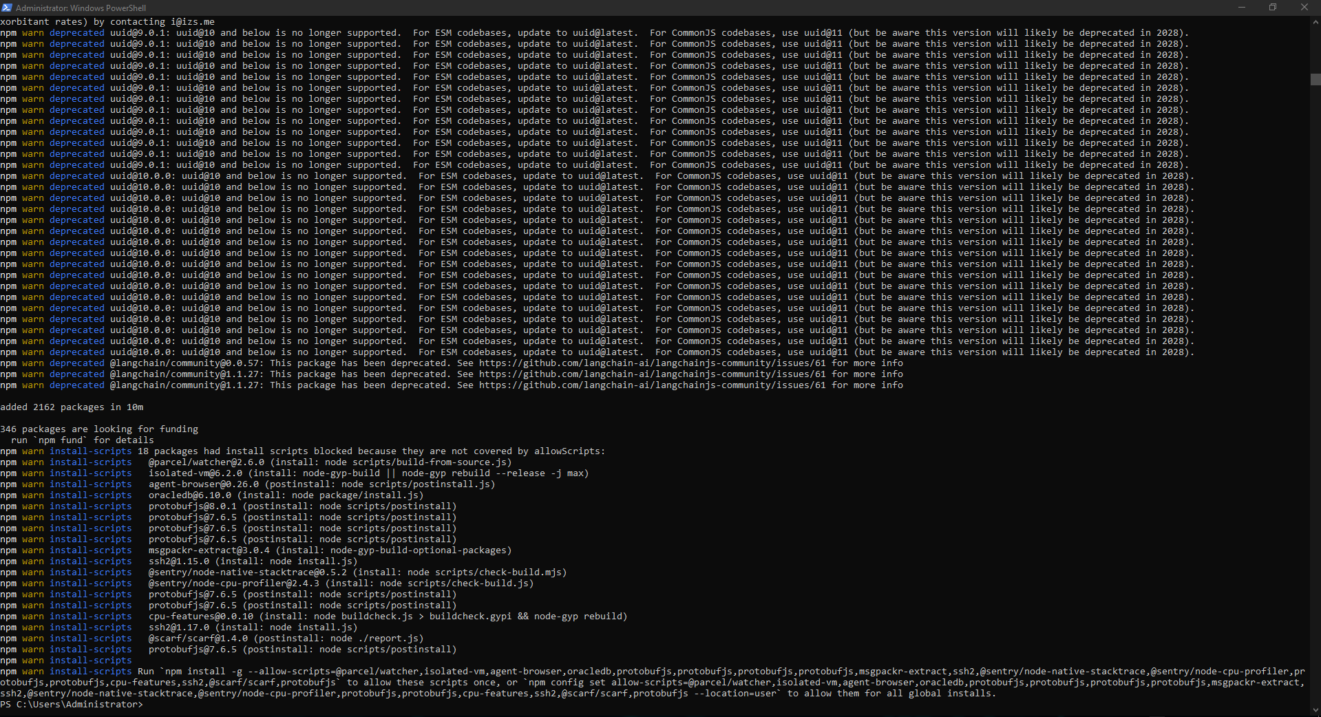 The n8n reinstall completes successfully with 2162 packages. The n8n reinstall completes successfully with 2162 packages.
