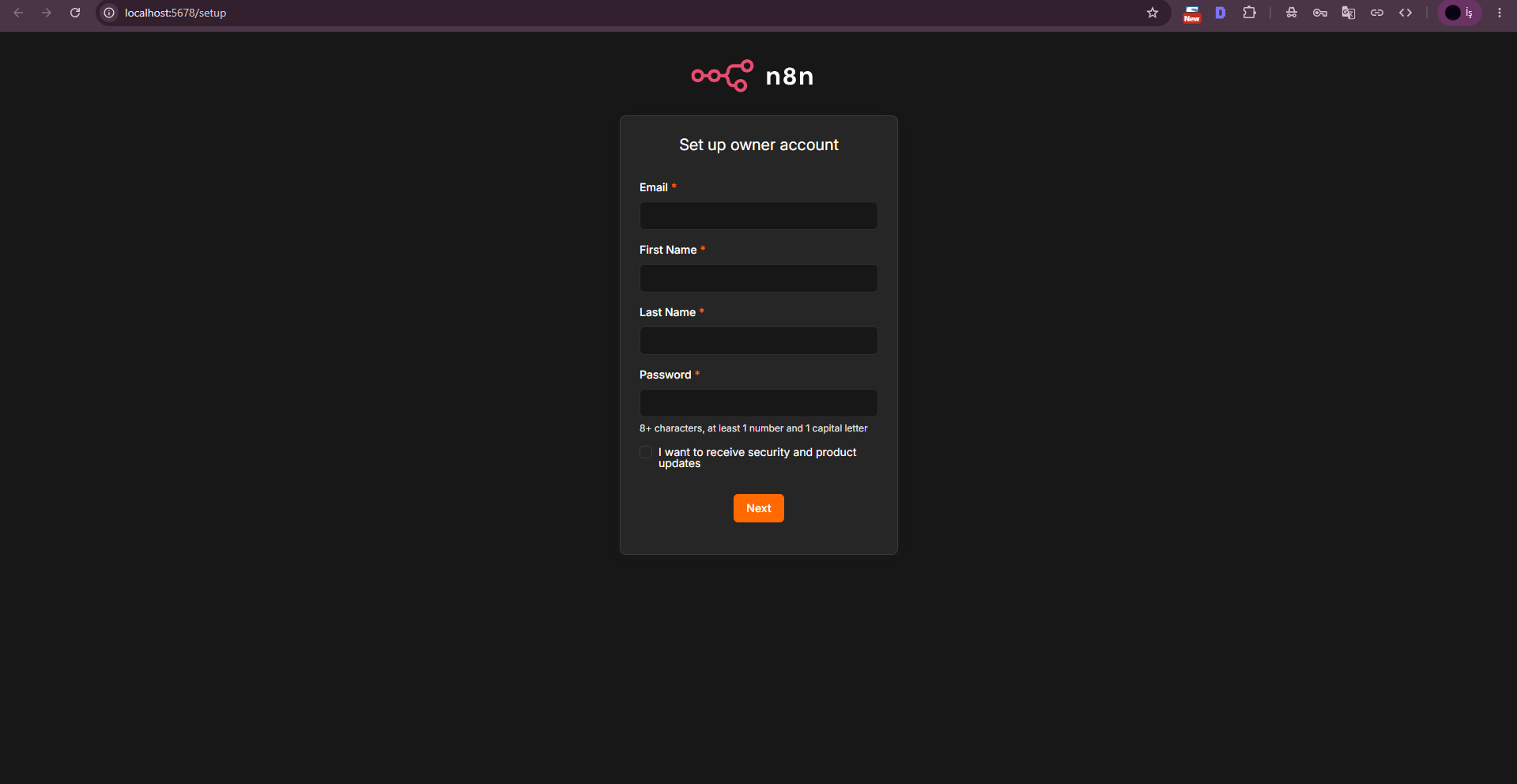 n8n owner-account setup screen. n8n owner-account setup screen.