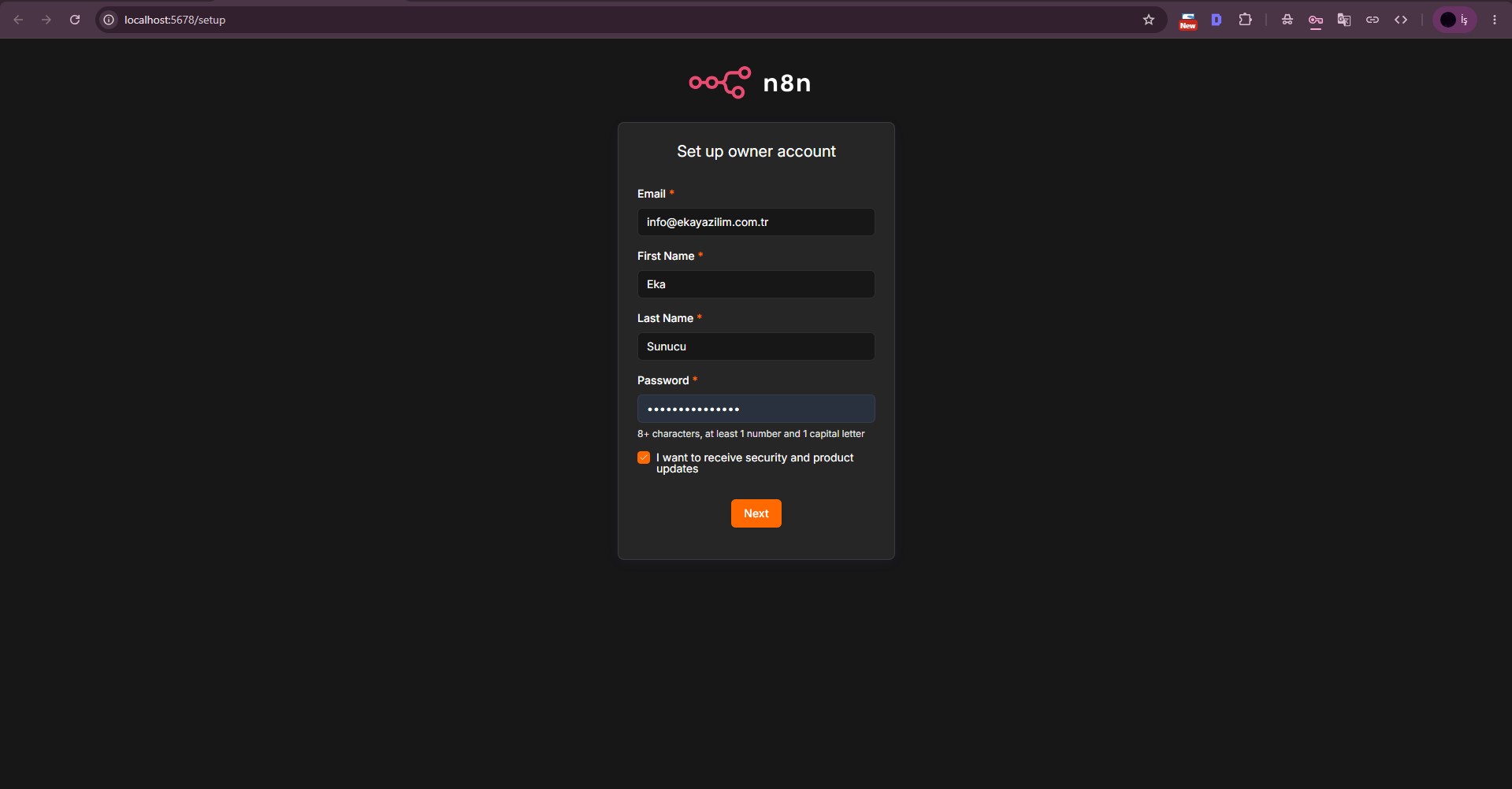 Filling in the n8n owner account form. Filling in the n8n owner account form.