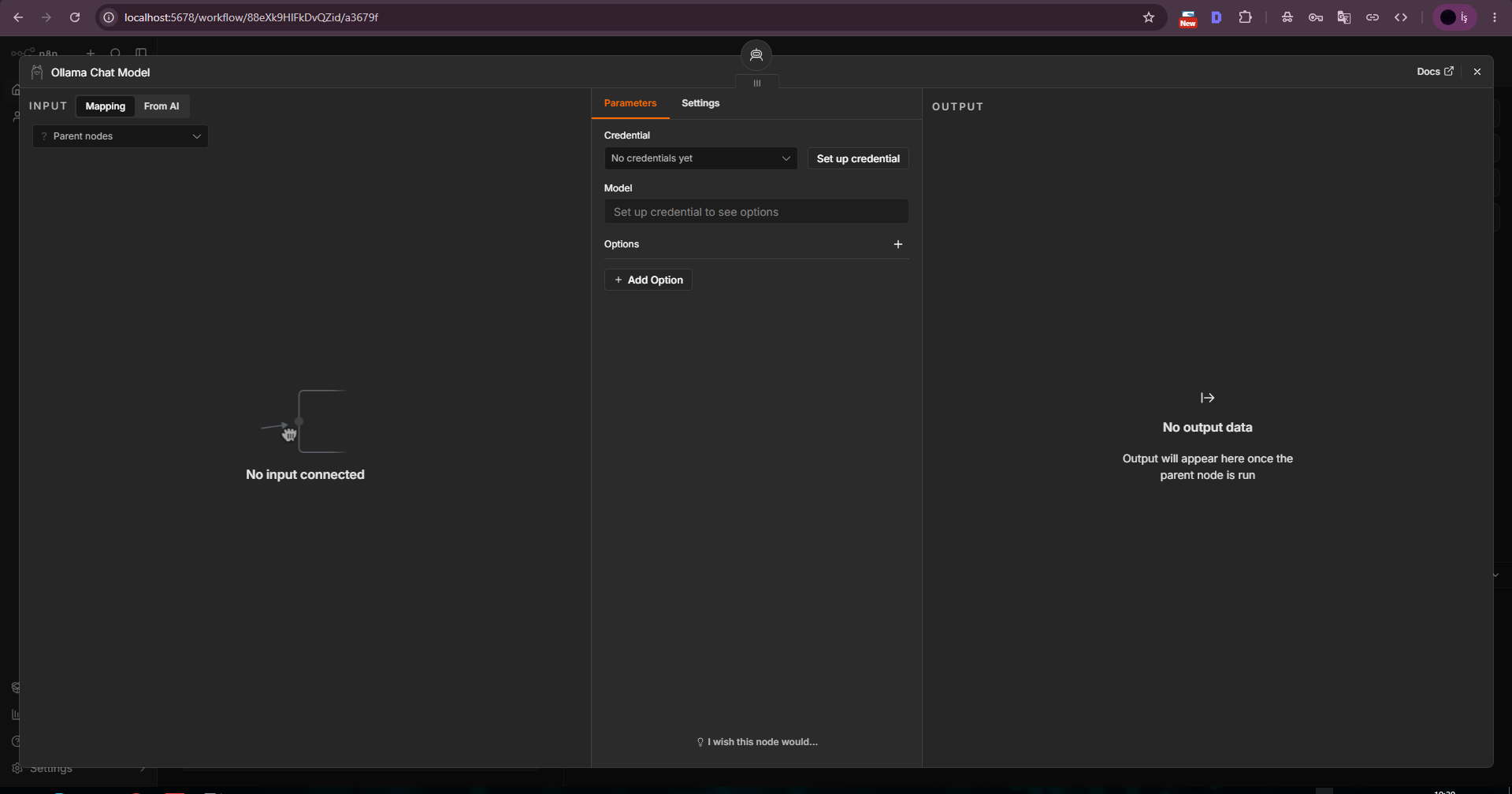 Ollama Chat Model credential and model settings screen. Ollama Chat Model credential and model settings screen.