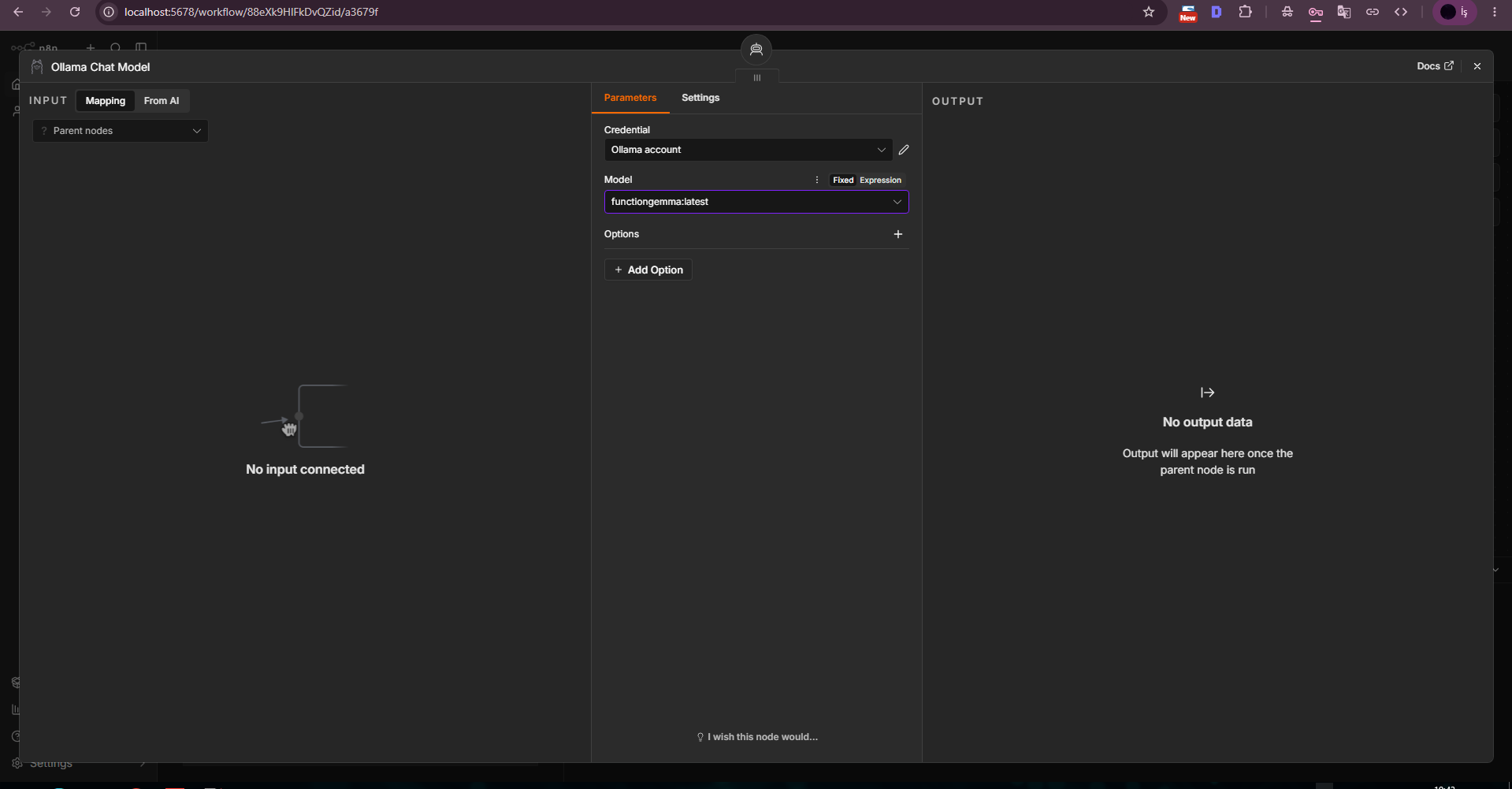 Select functiongemma:latest in Ollama Chat Model. Select functiongemma:latest in Ollama Chat Model.
