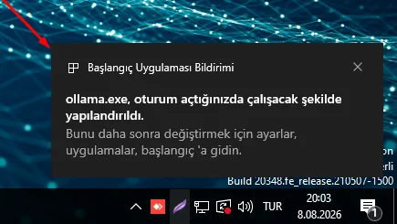 Windows notification showing ollama.exe configured to start when signing in. Windows notification showing ollama.exe configured to start when signing in.