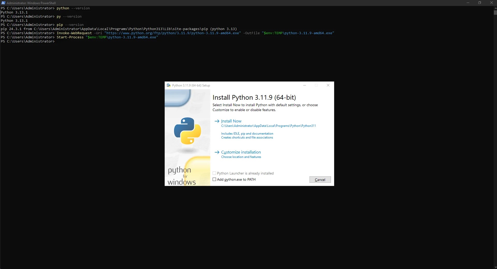 Launching the Python 3.11.9 64-bit installer from PowerShell. Launching the Python 3.11.9 64-bit installer from PowerShell.