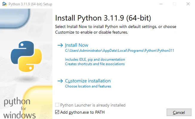 Enabling Add python.exe to PATH in the Python 3.11.9 installer. Enabling Add python.exe to PATH in the Python 3.11.9 installer.