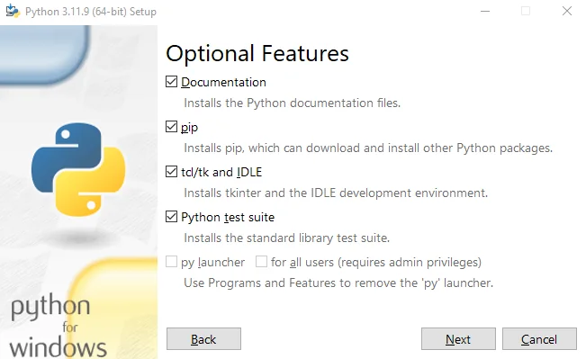 Reviewing pip and other Optional Features during Python 3.11 installation. Reviewing pip and other Optional Features during Python 3.11 installation.