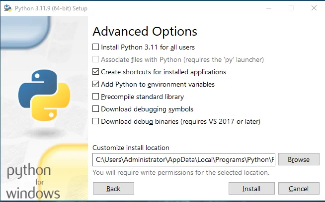 Add Python to environment variables enabled. Add Python to environment variables enabled.