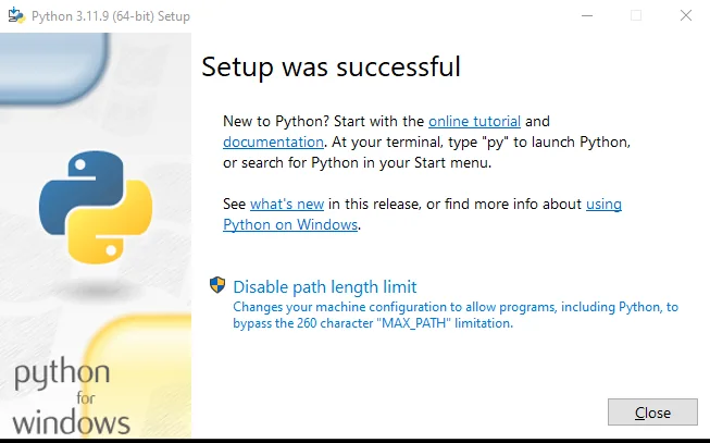Python 3.11.9 installation completes with Setup was successful. Python 3.11.9 installation completes with Setup was successful.