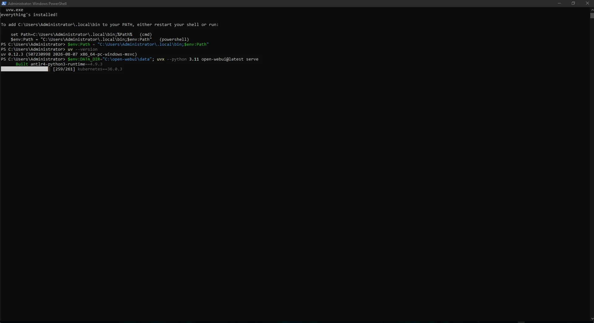 Installing Open WebUI dependencies with uvx --python 3.11 open-webui@latest serve. Installing Open WebUI dependencies with uvx --python 3.11 open-webui@latest serve.