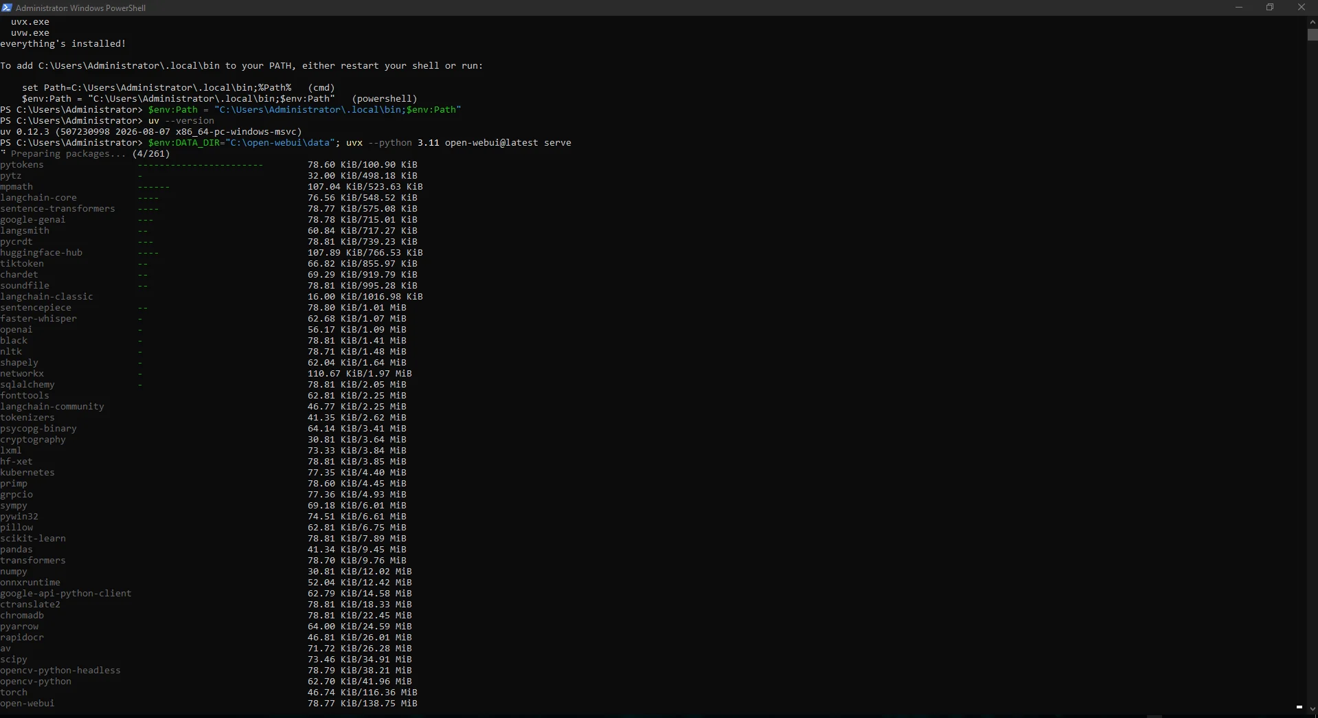 Open WebUI database migrations and startup logs in progress. Open WebUI database migrations and startup logs in progress.