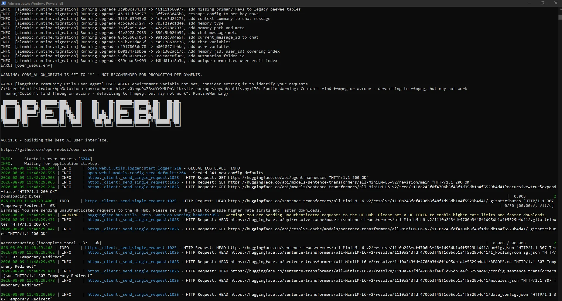 Terminal showing the OPEN WEBUI banner and a successfully started server process. Terminal showing the OPEN WEBUI banner and a successfully started server process.