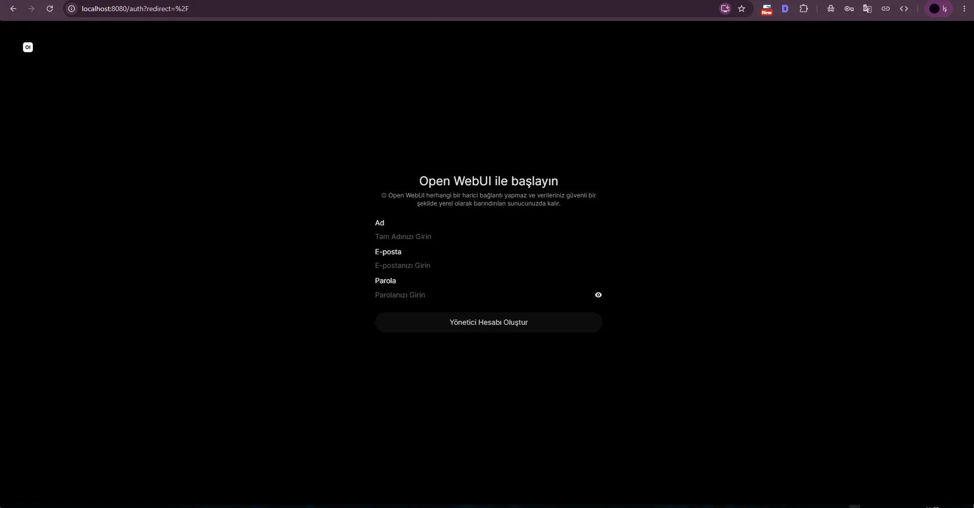Empty first-administrator account form in Open WebUI. Empty first-administrator account form in Open WebUI.