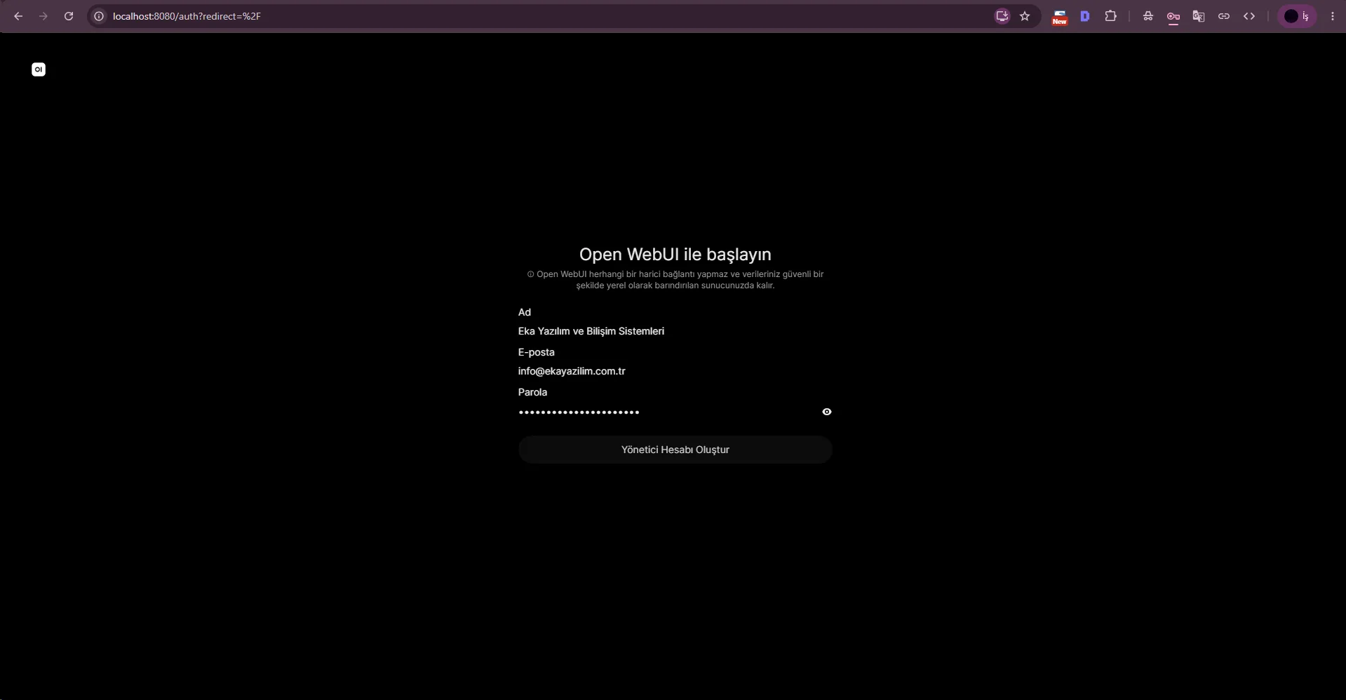 Filling name, email and password for the Open WebUI administrator account. Filling name, email and password for the Open WebUI administrator account.
