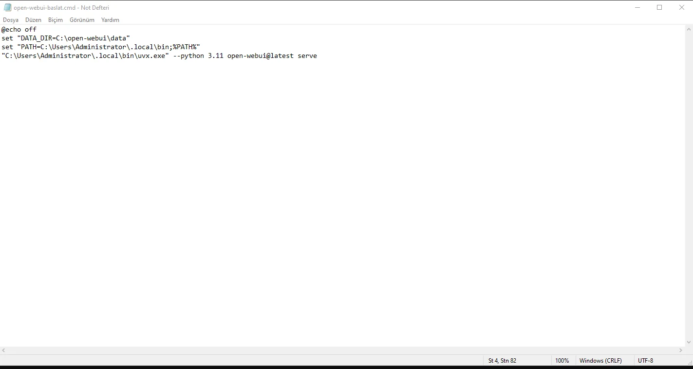 Open WebUI DATA_DIR, PATH ve uvx başlatma komutlarını içeren CMD dosyası. Open WebUI DATA_DIR, PATH ve uvx başlatma komutlarını içeren CMD dosyası.