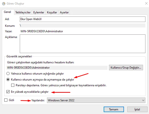 Configuring Run whether user is logged on or not. Configuring Run whether user is logged on or not.