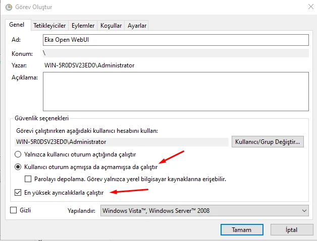 Enabling Run with highest privileges and selecting Windows Server 2022. Enabling Run with highest privileges and selecting Windows Server 2022.