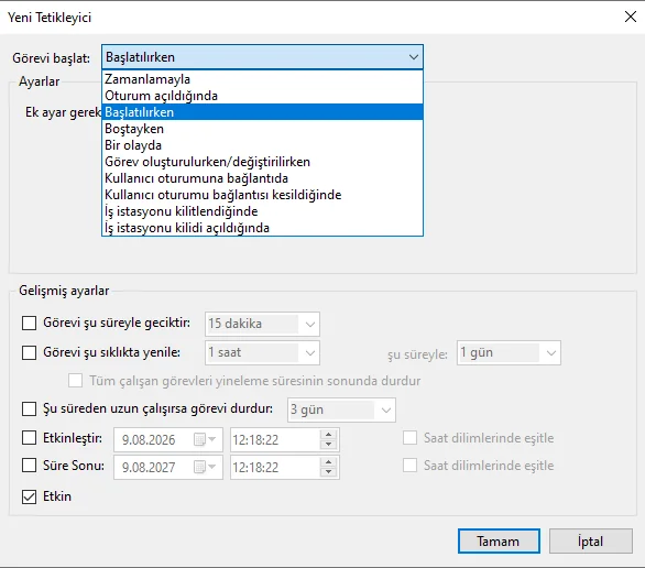Auswahl von Beim Start im Dialog Neuer Trigger. Auswahl von Beim Start im Dialog Neuer Trigger.