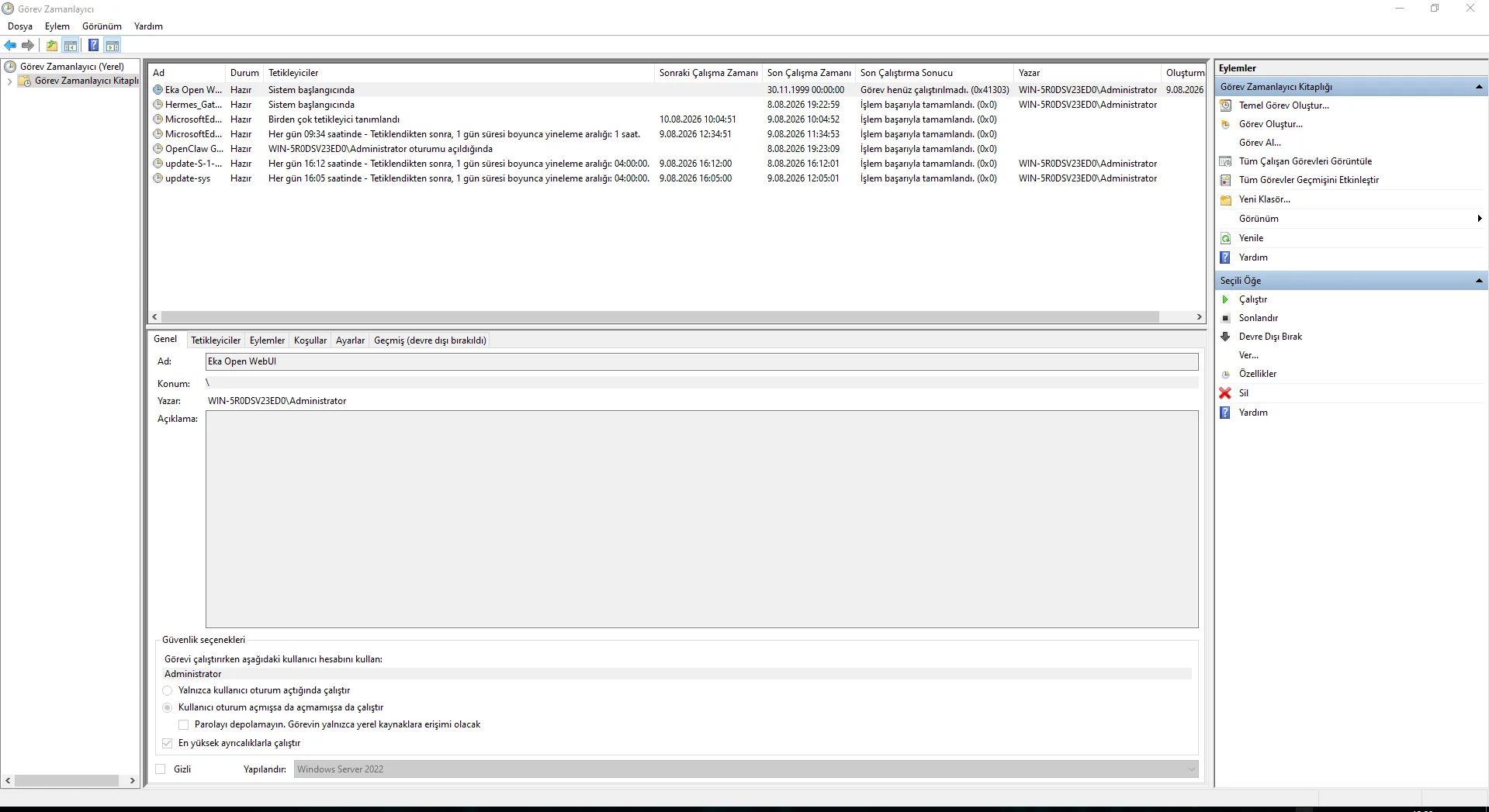 Eka Open WebUI task shown as Ready in the Task Scheduler Library. Eka Open WebUI task shown as Ready in the Task Scheduler Library.