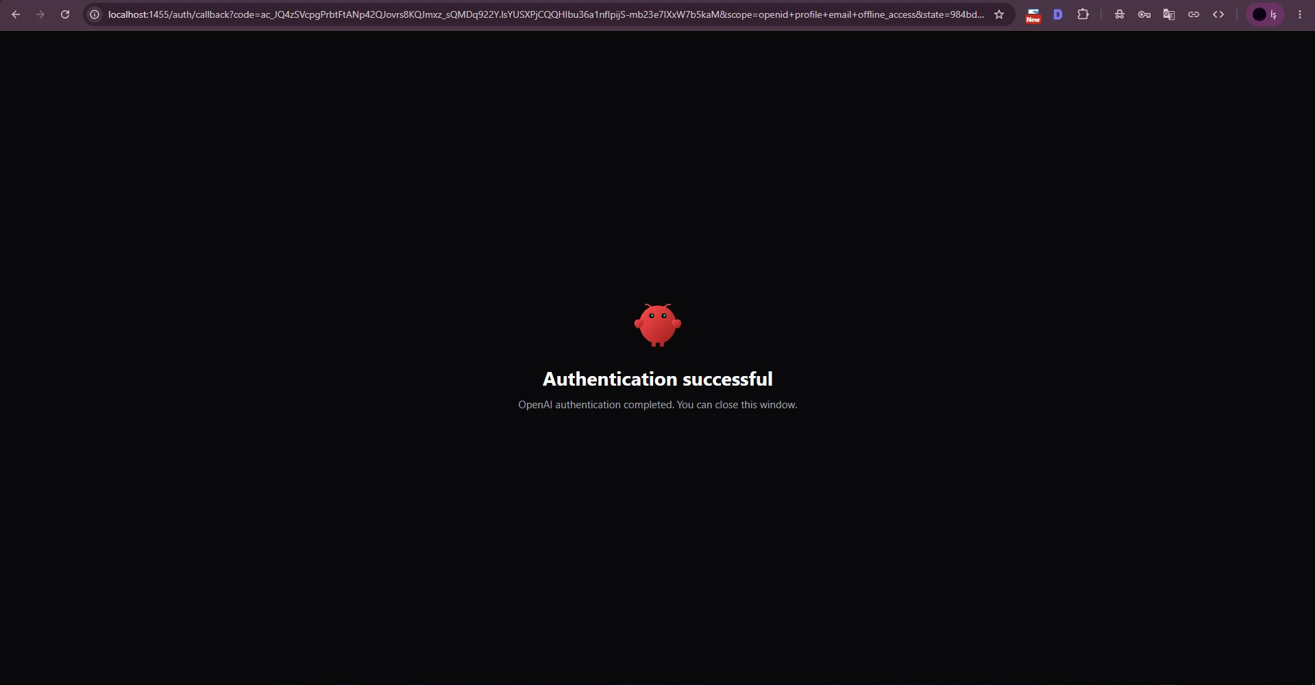 Authentication successful confirmation after the OAuth flow. Authentication successful confirmation after the OAuth flow.