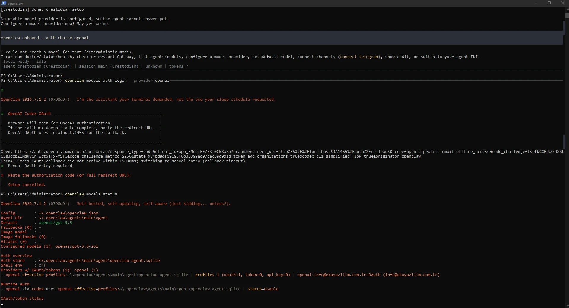 OpenClaw models status çıktısında OAuth profilinin usable olarak görünmesi. OpenClaw models status çıktısında OAuth profilinin usable olarak görünmesi.