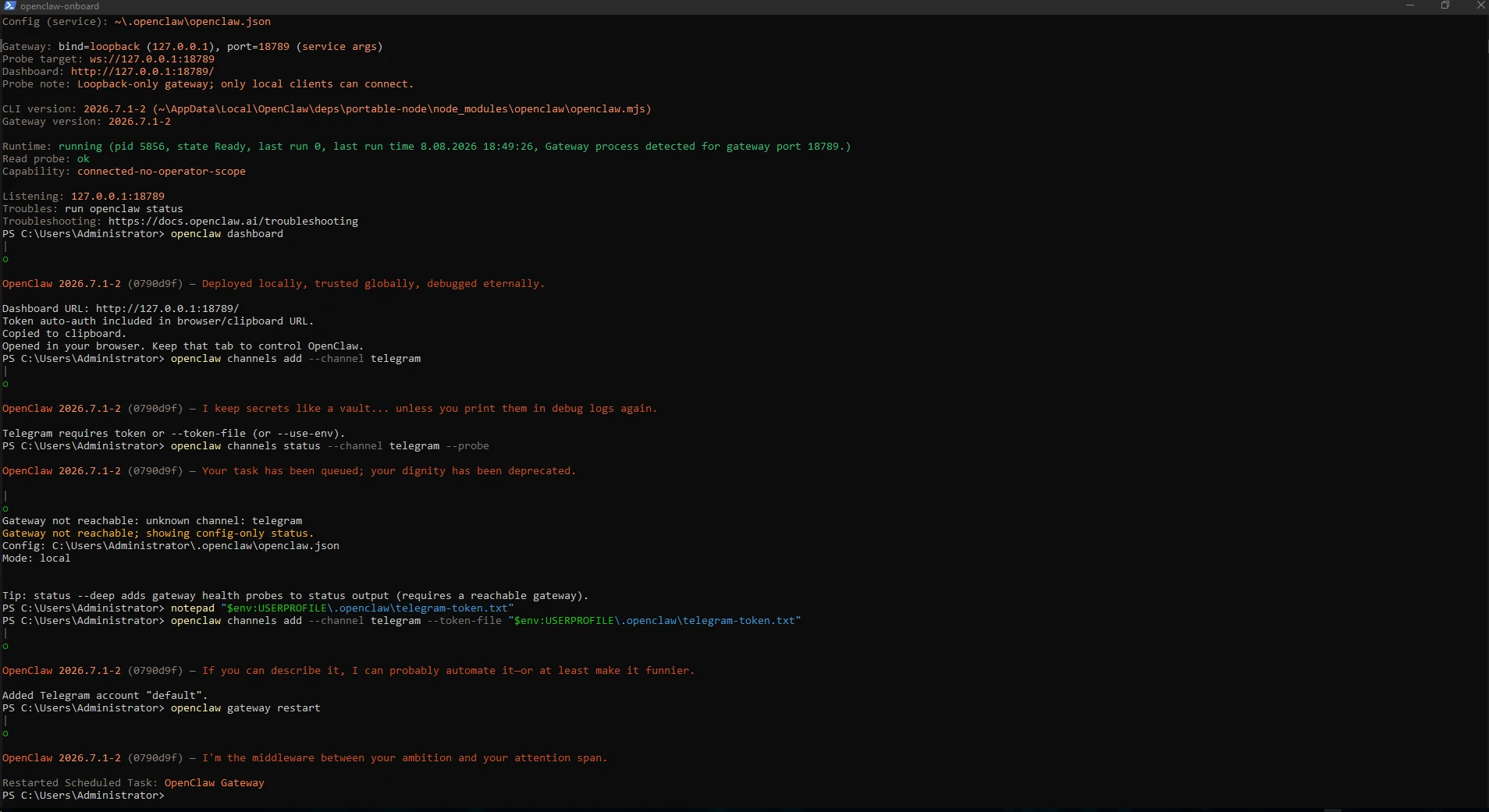 Additional terminal verification of model, Gateway and runtime state. Additional terminal verification of model, Gateway and runtime state.