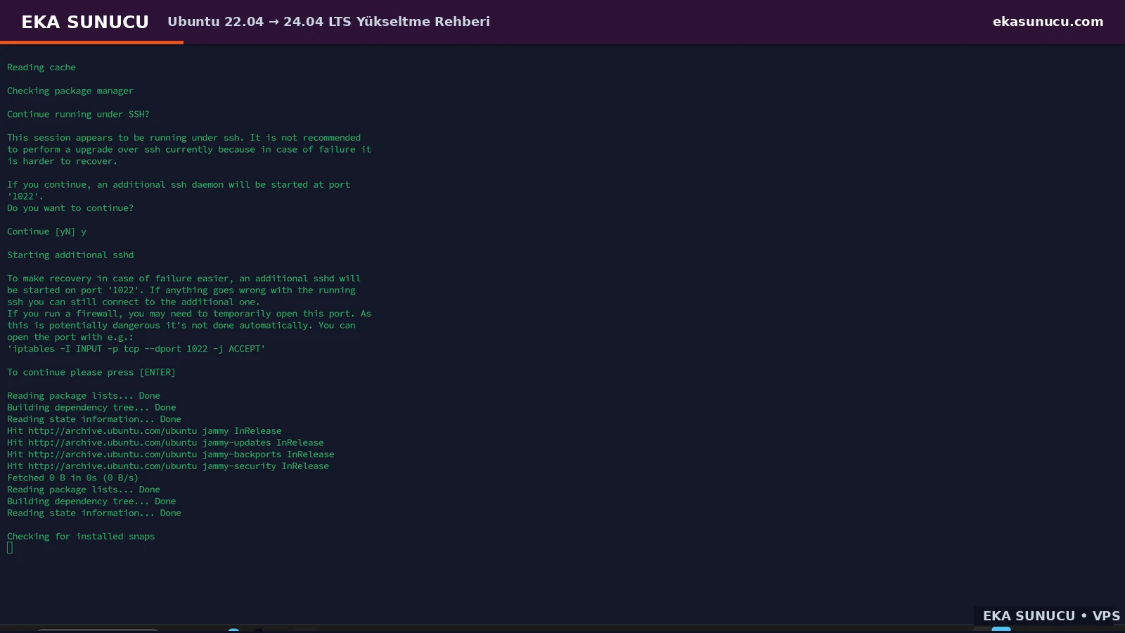 Ubuntu release upgrader prepares temporary recovery SSH on port 1022 for dropped connections.