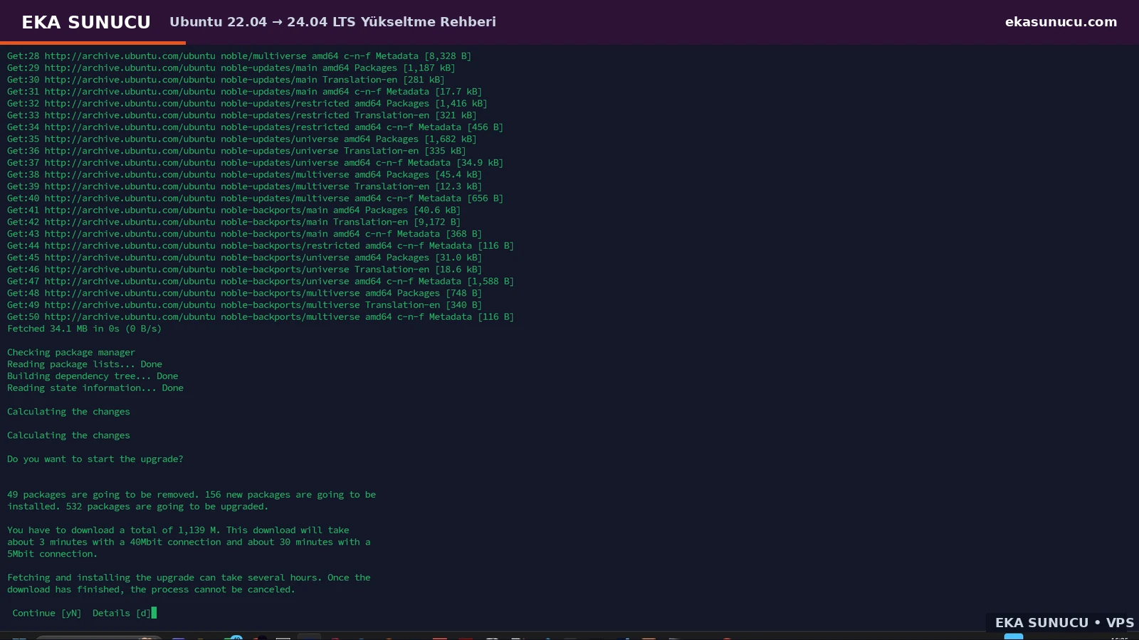Real package plan showing what will be installed, upgraded and removed during Ubuntu 22.04 → 24.04.