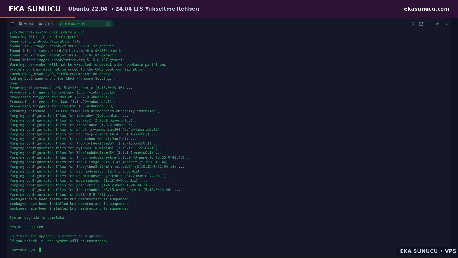 System upgrade is complete and a reboot is requested to finish the Ubuntu 24.04 upgrade.
