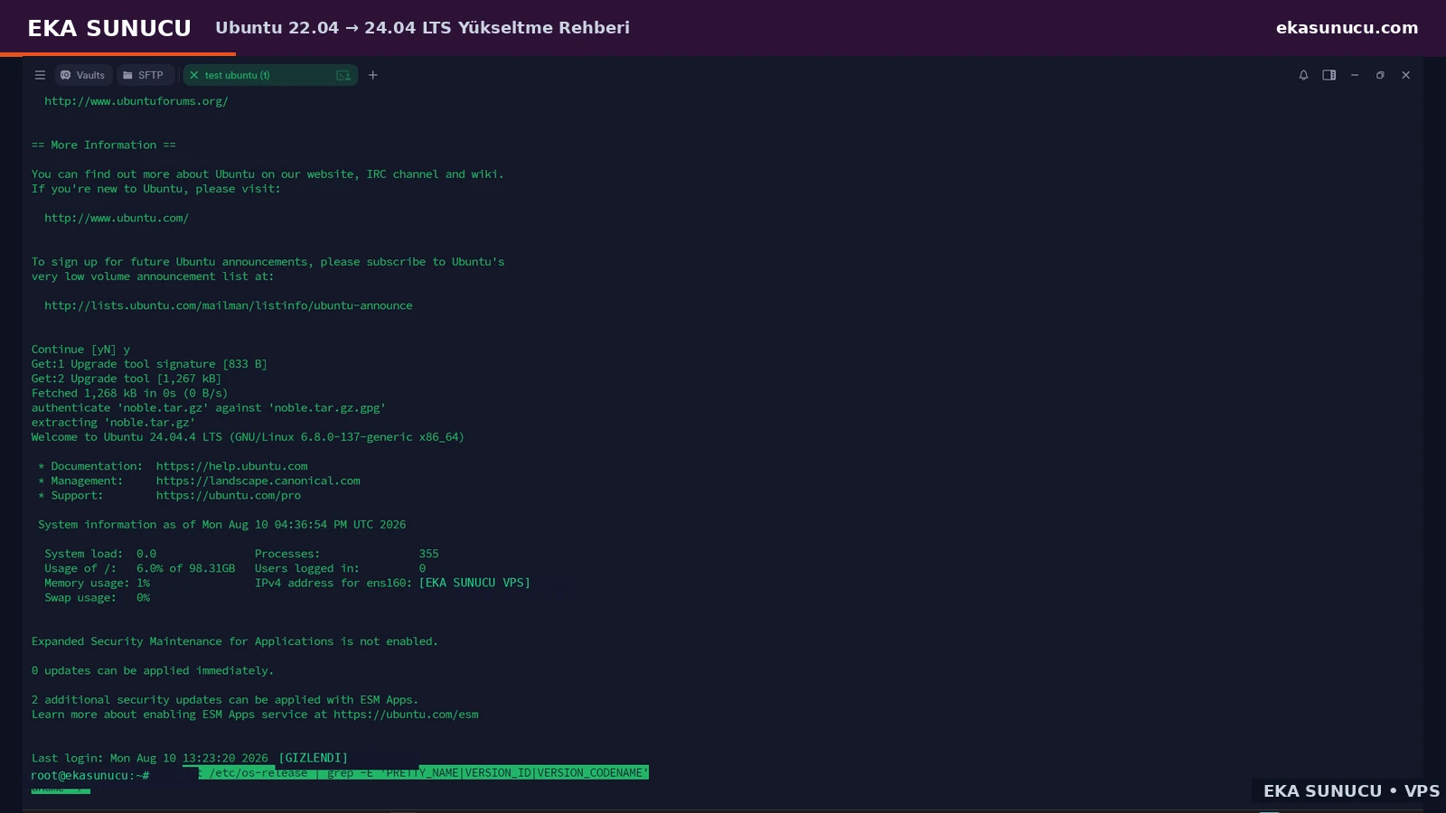 First verification of Ubuntu 24.04.4 LTS after reboot.